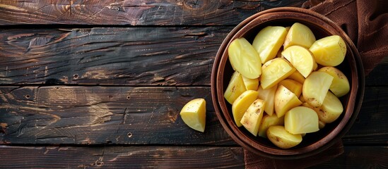 Poster - Top view of freshly cut raw potatoes in a bowl on a wooden table with copy space image available