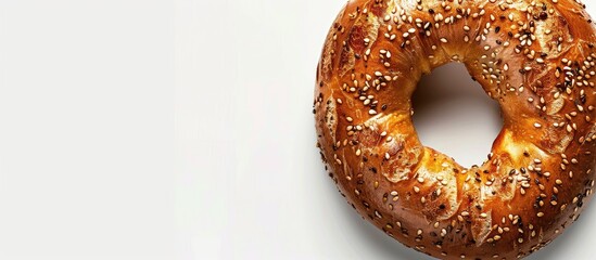 Poster - A toasted bagel with seeds set against a white background displays a textured surface and a crust with a golden brown hue in the copy space image