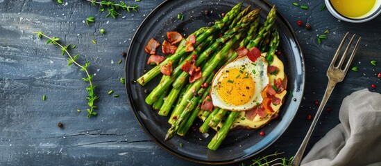 Poster - Image of grilled asparagus served on a plate with bacon and egg sauce in a flat lay setup featuring ample copy space