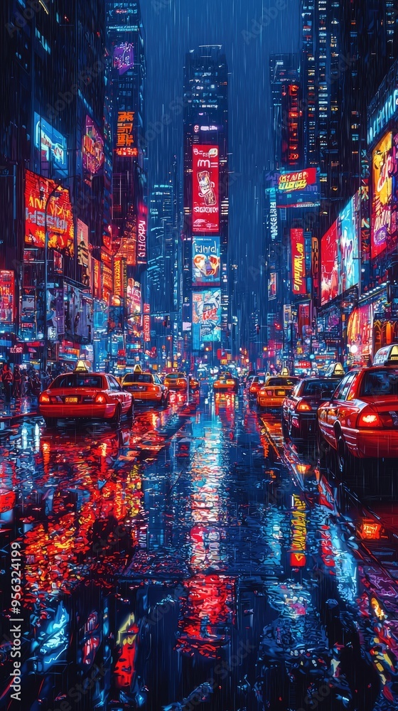 Neon lights reflecting on wet street of big city at night Stock Photo ...