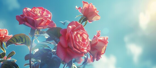 Canvas Print - Close up view of roses against a blue sky background with ample copy space image