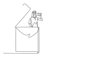 Poster - animated self drawing single one line drawing arab businessman pops out of clipboard looking for som