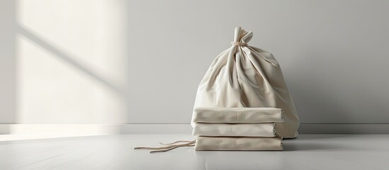 Aufkleber - Arrangement of paper stack and cloth bag empty elements for showcasing your design on copy space image