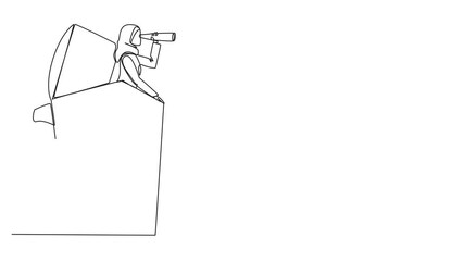 Poster - animation of single continuous line drawing arabian businesswoman emerges from a wheeled bin looking