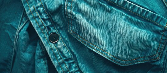 Wall Mural - Close up of turquoise denim pants front and small pockets showcasing design details like button seams and fabric texture ideal for a copy space image