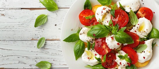Poster - Close up of a tasty burrata salad on a white wooden surface with a blank area for text in the image. Creative banner. Copyspace image