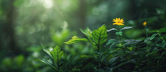 Canvas Print - Greenery background with a small yellow wild flower perfect for copy space image