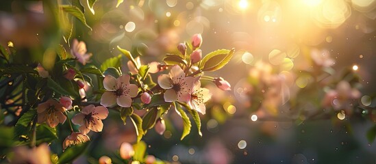 Leinwandbilder - Blossoming cherries on a tree in the sunlight surrounded by nature creating a picturesque scene with copy space image
