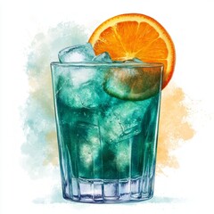 Poster - A refreshing blue cocktail with ice and an orange slice garnish, painted in watercolor style against a blurred background.