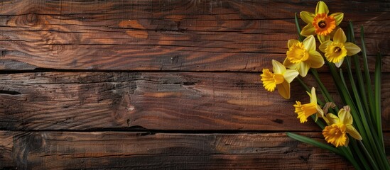 Poster - Floral nature photograph showcasing yellow narcissus and daffodil on a rustic wooden background ideal as an Easter wallpaper with an available copy space image