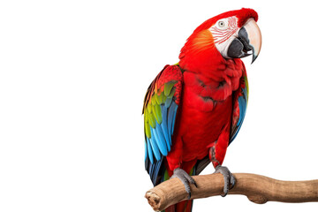 Wall Mural - Scarlet macaw perched on branch against light background, suitable for nature or wildlife themed designs and projects