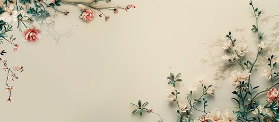 Leinwandbilder - From an overhead view a blank sheet of paper with a floral design on a beige background is available for writing with space for text in the image. Creative banner. Copyspace image