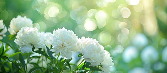 Poster - Close up of blooming white peonies in a spring garden with a green natural background creating a beautiful bokeh in the copy space image