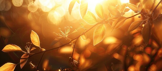 Aufkleber - During sunset golden sunlight illuminates silhouetted leaves and branches setting a serene scenery with rich colors and natural beauty for a copy space image