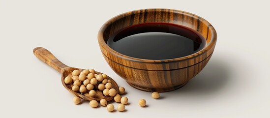 Poster - A white background showcasing soy sauce and soybeans with copy space image