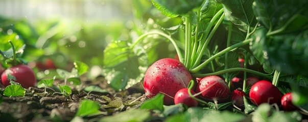 Fresh radishes with leaves in natural setting, 4K hyperrealistic photo