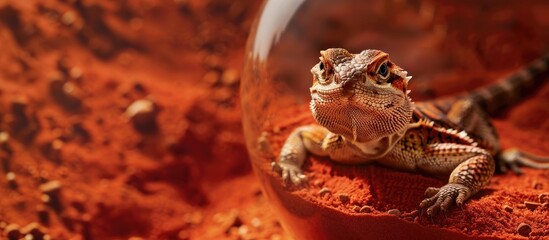 Poster - A lizard is observed in a glass container filled with red sand gazing towards the camera in a serene pose within copy space image