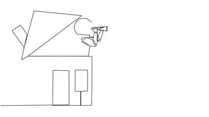 Poster - animation of a single one line drawing young astronaut emerging from the miniature house looking for
