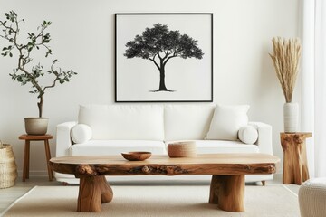 Poster - A minimalist boho interior design of a modern living room, home, with a natural wood coffee table near a white sofa and bookcase. A white wall with an art poster frame decorates the wall.
