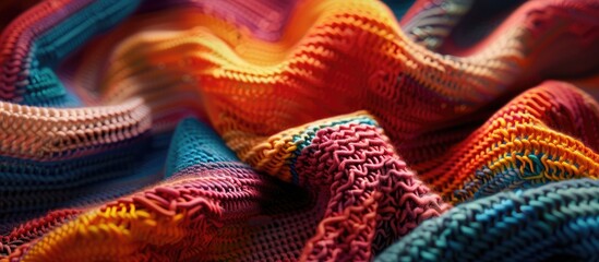 Poster - Close up of a large knitted fabric showcasing a colorful abstract pattern ideal for a copy space image