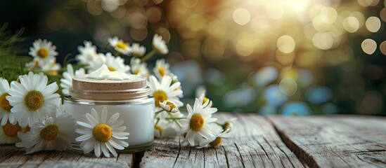 Poster - Herbal cosmetic skin care product and chamomile daisy flowers displayed on a wooden table providing an eco friendly beauty concept in a copy space image