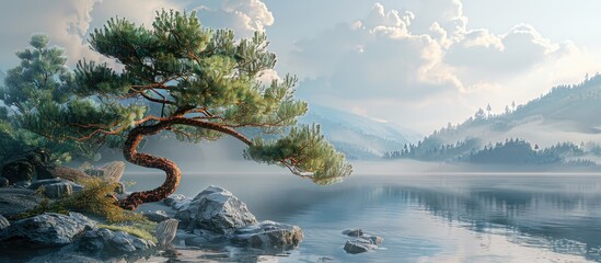 Poster - Scenic lakeshore featuring a large pine tree with copy space image
