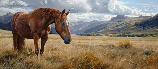 Poster - Close up of a brown mare with a white star on her forehead a Lucero horse grazing on a rural farm with mountains in the background and room for text or design featuring a farm animal and equine image