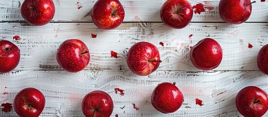 Aufkleber - Red apples arranged on a white wooden surface in a flat lay style offering ample copy space for inserting text in the image