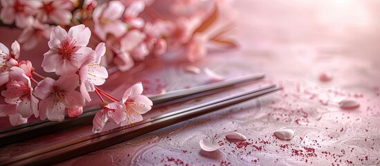 Poster - Cherry blossom branch and chopsticks on table showcase Japanese food culture with ample copy space image