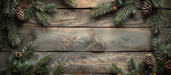 Sticker - Vintage style backdrop with pine leaves on aged brown wood for a copy space image