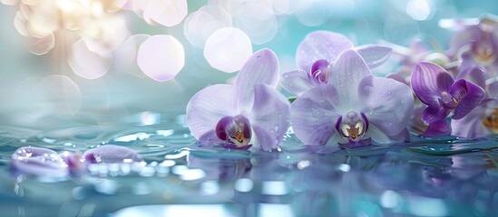 Poster - Close up purple and white orchid flowers floating on the water s surface creating a serene and visually appealing copy space image suitable for promoting spa and cosmetic body care products evoking a