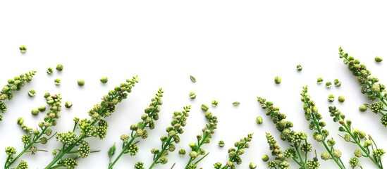 Aufkleber - Close up view of vibrant green quinoa sprigs with seeds on a white backdrop showcasing a garden plant in a copy space image