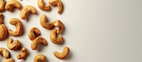 Aufkleber - Close up view of freshly roasted cashews on a plain background with ample copy space image