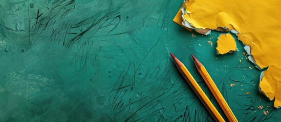 Poster - A back to school message on torn yellow paper against a green backdrop with a symbolic theme for the back to school season includes copy space image