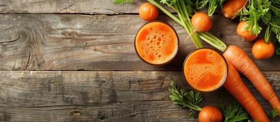 Canvas Print - Top down view of a glass of nutritious carrot juice and fresh veggies on a wooden surface ideal for adding text within the image. Creative banner. Copyspace image