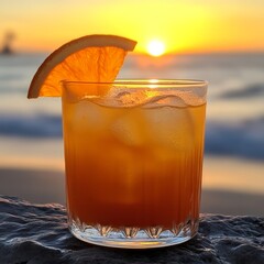 Canvas Print - A refreshing cocktail with an orange slice garnish sits on a rock with the sunset in the background.