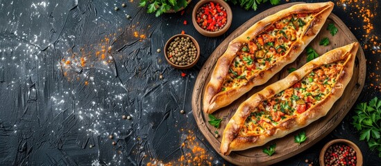 Aufkleber - Top view of a Turkish pizza known as traditional baked pide a Middle Eastern snack against a dark background with ample copy space image