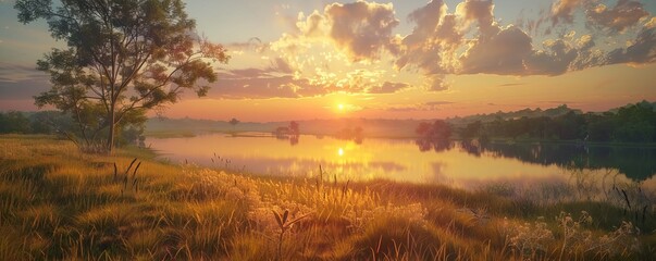 Poster - Sunrise over a tranquil countryside, 4K hyperrealistic photo