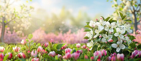 Wall Mural - Springtime brings beautiful white apple blossom alongside budding pink flowers creating a picturesque scene with copy space image