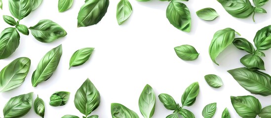 Wall Mural - White background framed by basil leaves with copy space image