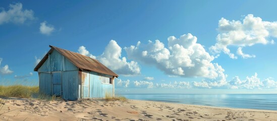 Poster - A polyester structure like a cabin or shed situated on the sandy beach with ample copy space image