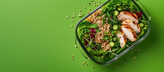 Poster - Glass container with a fresh salad chicken and buckwheat on a green background viewed from above leaving room for text in the image. Creative banner. Copyspace image