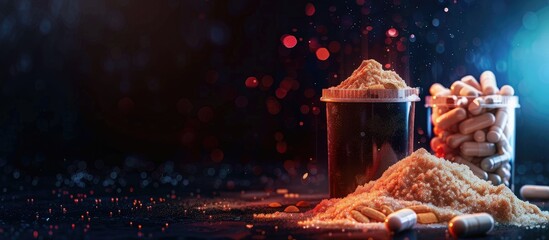 Aufkleber - BCAA amino acids supported by fitness supplements showcased on a dark background with a soft focus leaving ample copy space image