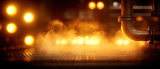 An industrial scene featuring warm lights and steam, creating a dramatic atmosphere in a manufacturing environment.