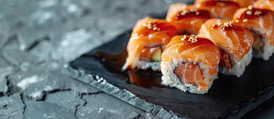 Aufkleber - A gourmet Japanese dish with fresh salmon rolls rice and soy sauce beautifully displayed on a black stone plate highlighting the delicious flavors of Asia in this copy space image