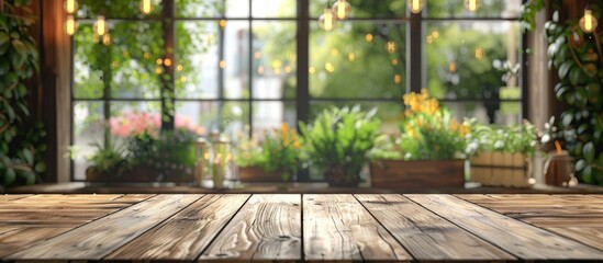 Wall Mural - Wooden table in the foreground with cafe ambiance in the background and a large window overlooking a garden ideal for showcasing products with copy space image