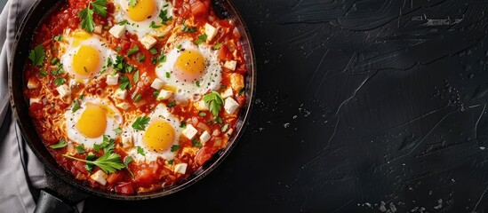 Aufkleber - Top view of a sizzling Shakshuka in a frying pan set against a dark background with ample copy space image