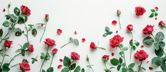 Aufkleber - Top down view of vibrant red roses displayed against a white backdrop in a flat lay composition with plenty of copy space image