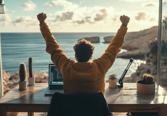 Poster - A man celebrates his achievement while working in a hotel, with a view of the sea and rocks in the background. He sits at a table by the window, raising his arms happily to the sky