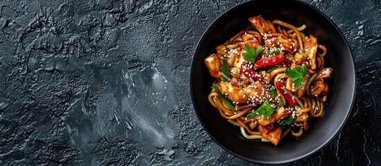 Aufkleber - Copy space image of a bowl with udon stir fry noodles chicken and sesame on a dark stone surface